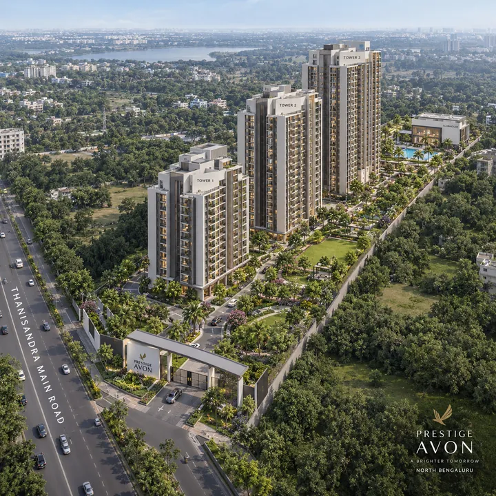 Prestige Avon aerial view of three apartment towers stepping up in height beside Thanisandra Main Road, with a clubhouse and landscaped grounds, artist's impression Prestige Avon aerial view of three apartment towers stepping up in height beside Thanisandra Main Road, with a clubhouse and landscaped grounds, artist's impression