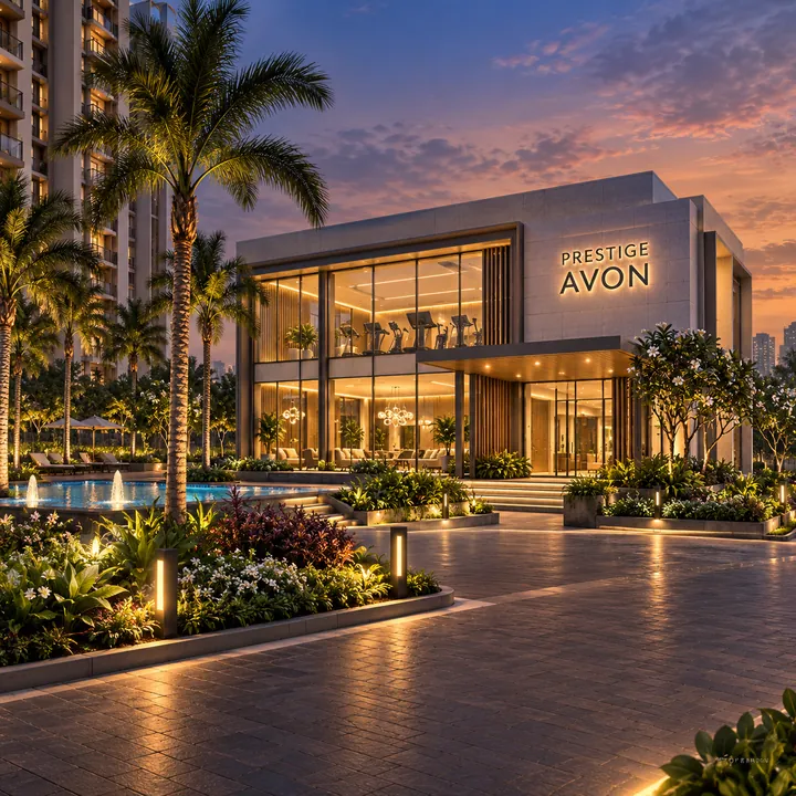 Prestige Avon clubhouse at dusk with landscaped forecourt, artist's impression Prestige Avon clubhouse at dusk with landscaped forecourt, artist's impression