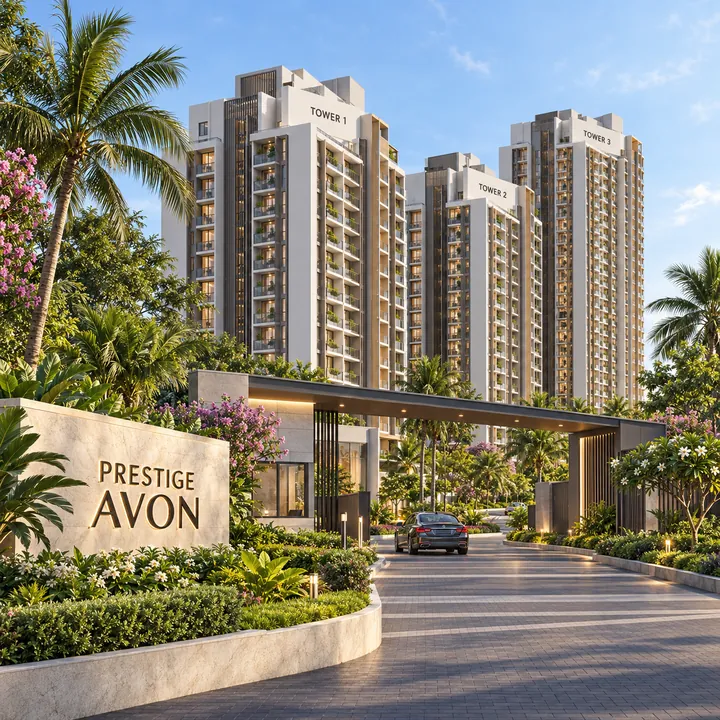 Prestige Avon entrance drive with three apartment towers and a Prestige Avon sign, artist's impression Prestige Avon entrance drive with three apartment towers and a Prestige Avon sign, artist's impression