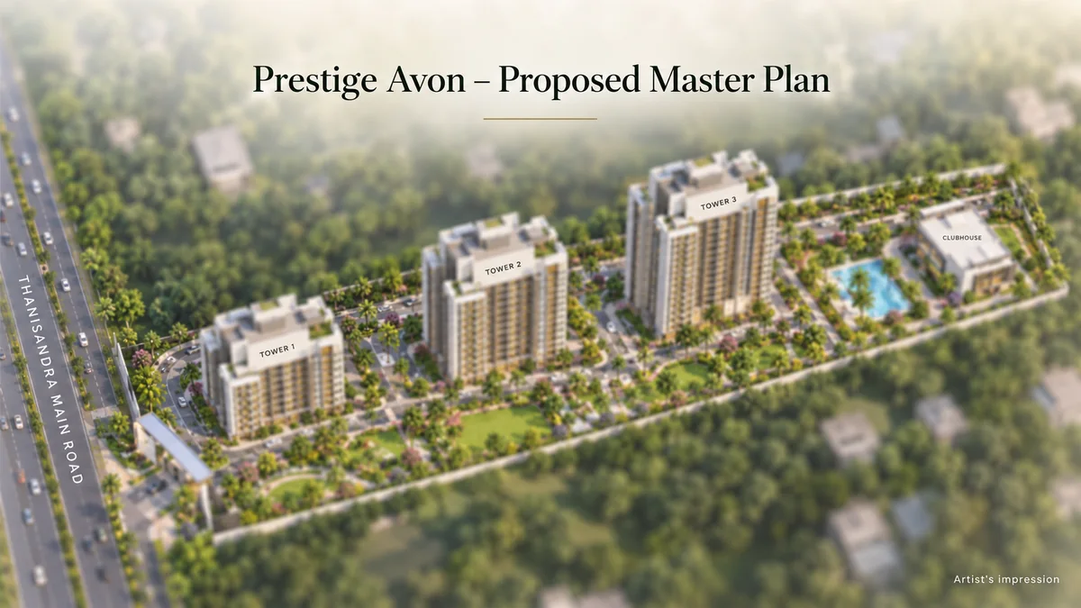 Prestige Avon proposed master plan with three towers in a row from Thanisandra Main Road and a clubhouse at the east end, artist's impression Prestige Avon proposed master plan with three towers in a row from Thanisandra Main Road and a clubhouse at the east end, artist's impression