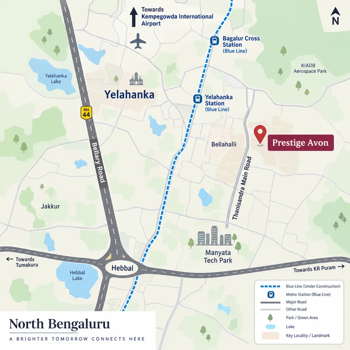 Prestige Avon location map on Thanisandra Main Road at Bellahalli, North Bengaluru, with Bellary Road, Yelahanka, Manyata Tech Park and the airport direction Prestige Avon location map on Thanisandra Main Road at Bellahalli, North Bengaluru, with Bellary Road, Yelahanka, Manyata Tech Park and the airport direction